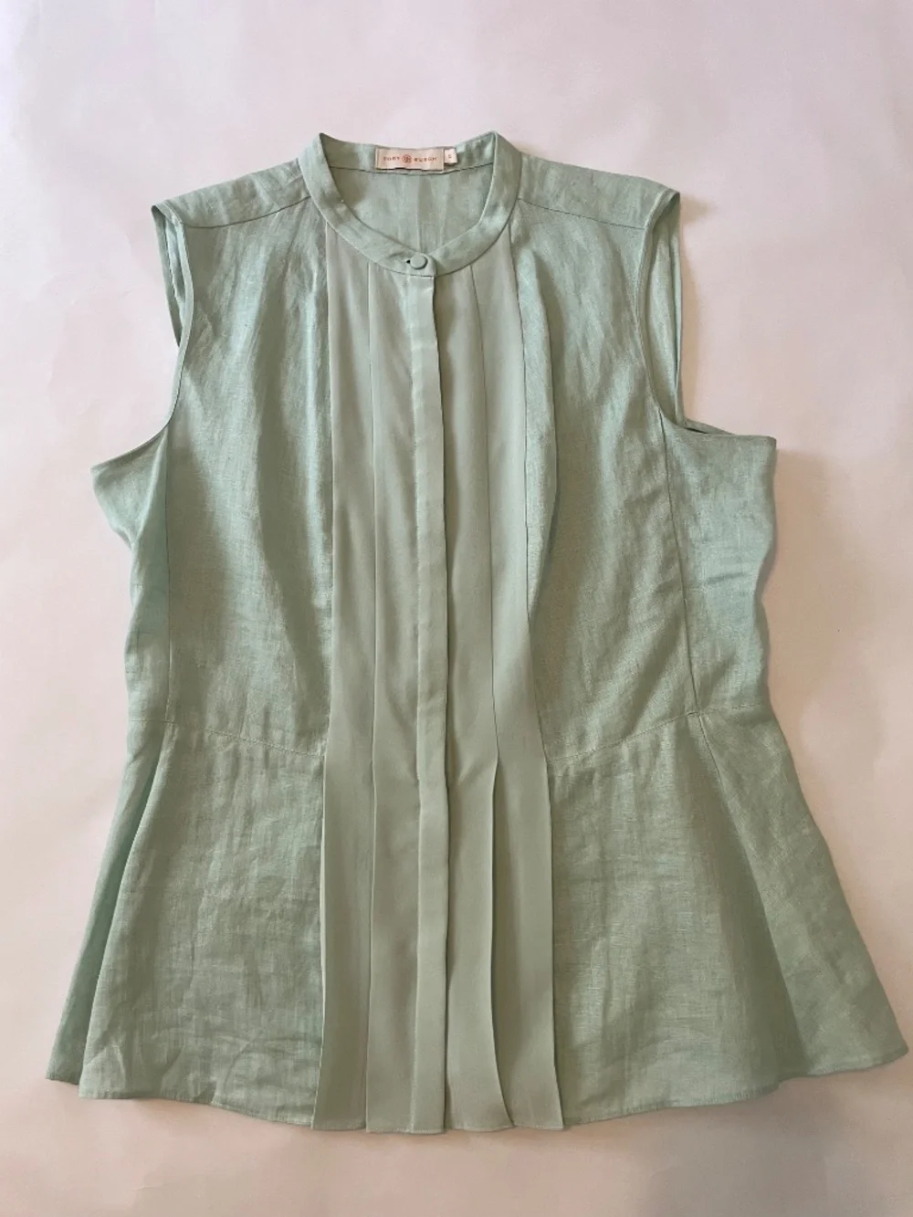 Tory Burch Blue Green Silk Linen Sleeveless Top, Button Up Solid Blouse, Size 12